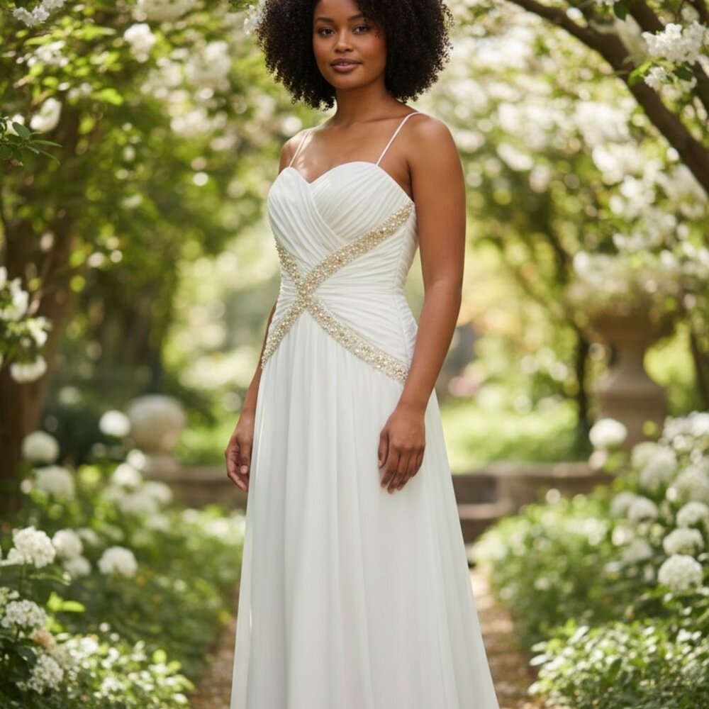 Night Scene Ivory Beaded Chiffon Formal Gown Size L – Floor-Length Evening Dress